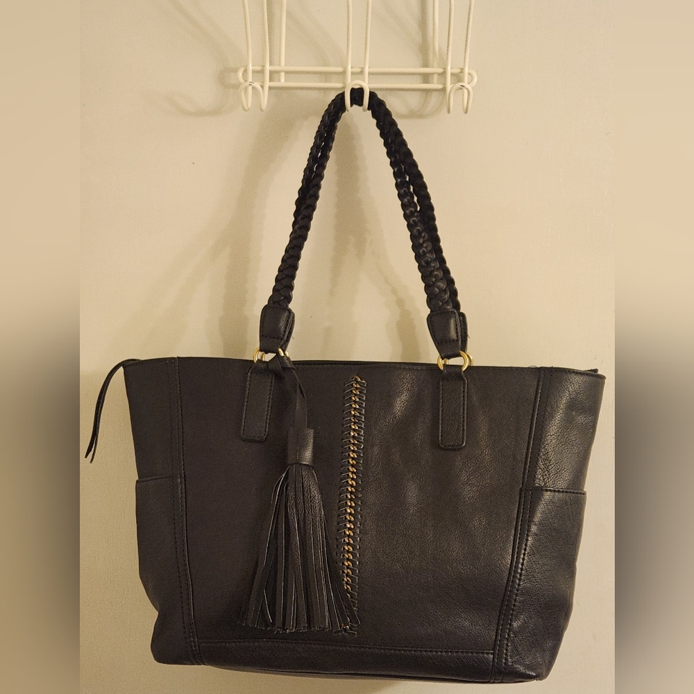 Black Leather Tote Bag with Tassel